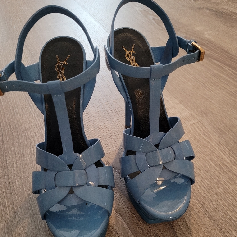 YSL Tribute Blue Platform Sandals in Patent Leather Size 39